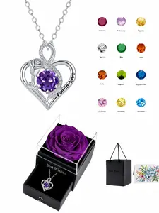 Rose Heart Luxury sparkling gem birthstone charm necklace with heart-shaped rose design and twelve birthstones.Comes with a purple preserved rose gift box.Perfect as gifts for birthdays, Mother's Day, Valentine's Day and Christmas.