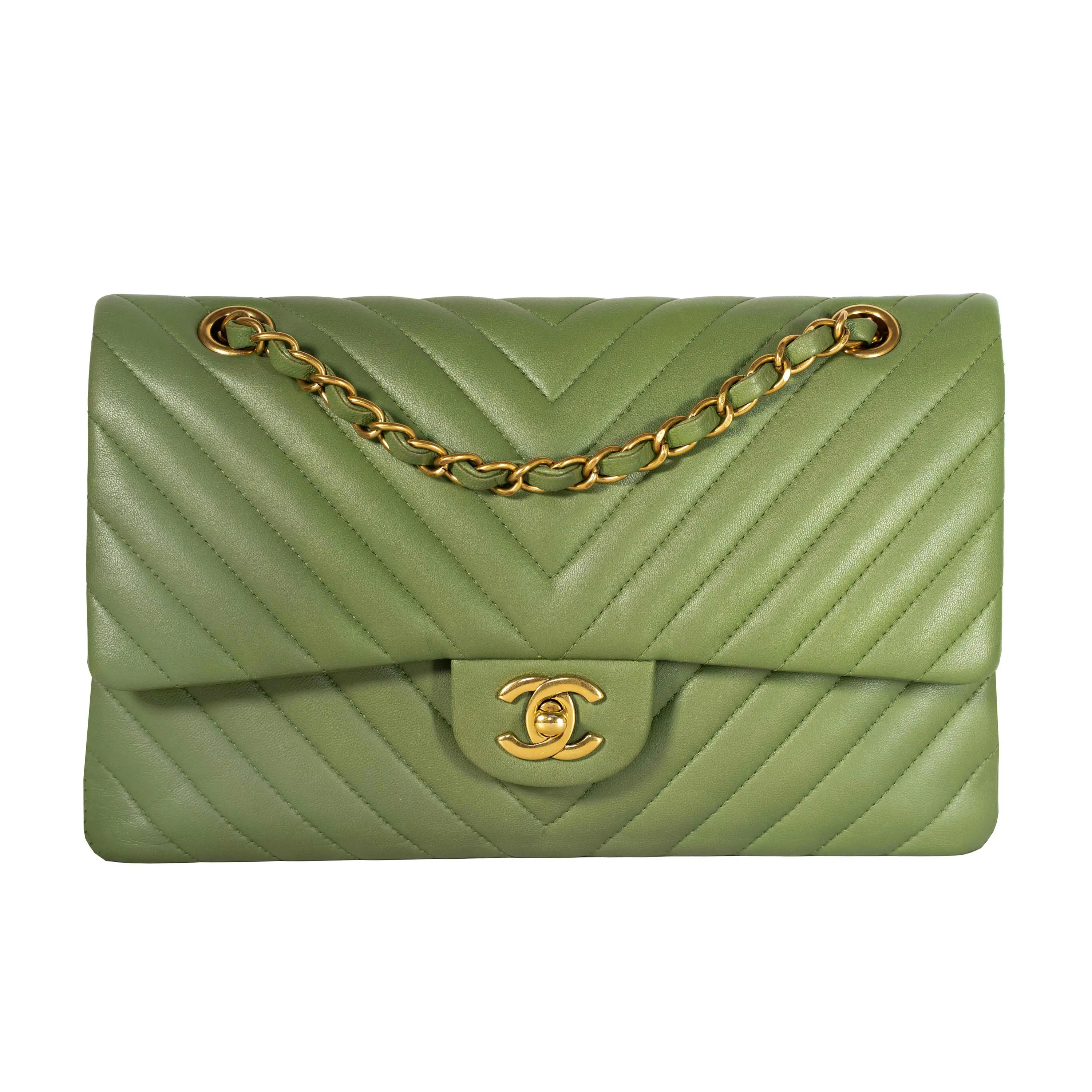 Pre-owned CHANEL Leather Crossbody Bags Chevron Classic Double Flap Medium Green