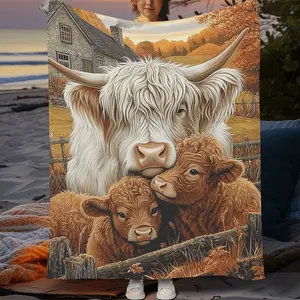 1pc Highland Cow and Calf Blanket - Soft Flannel Polyester, Cozy Outdoor Throw, Ideal for Home Decor & Seasonal Celebrations, Outdoor Cozy Blanket | Whimsical Cow Design | Polyester Fabric, Highland Cow Decor