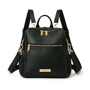 Tyon White Black PU Leather Backpack with Gold Accents and Adjustable Straps for Everyday Use