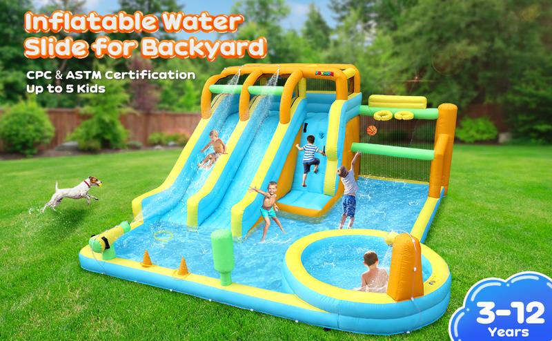 JOYMOR 11-in-1 Inflatable Water Slide for Kids Backyard w/ 2 Waterslide, 2 Basketball Hoop, Pool, Climbing Wall, Water Blasters, 1min Blow Up Water Slides Park w/ 750w Blower, Storage Bag