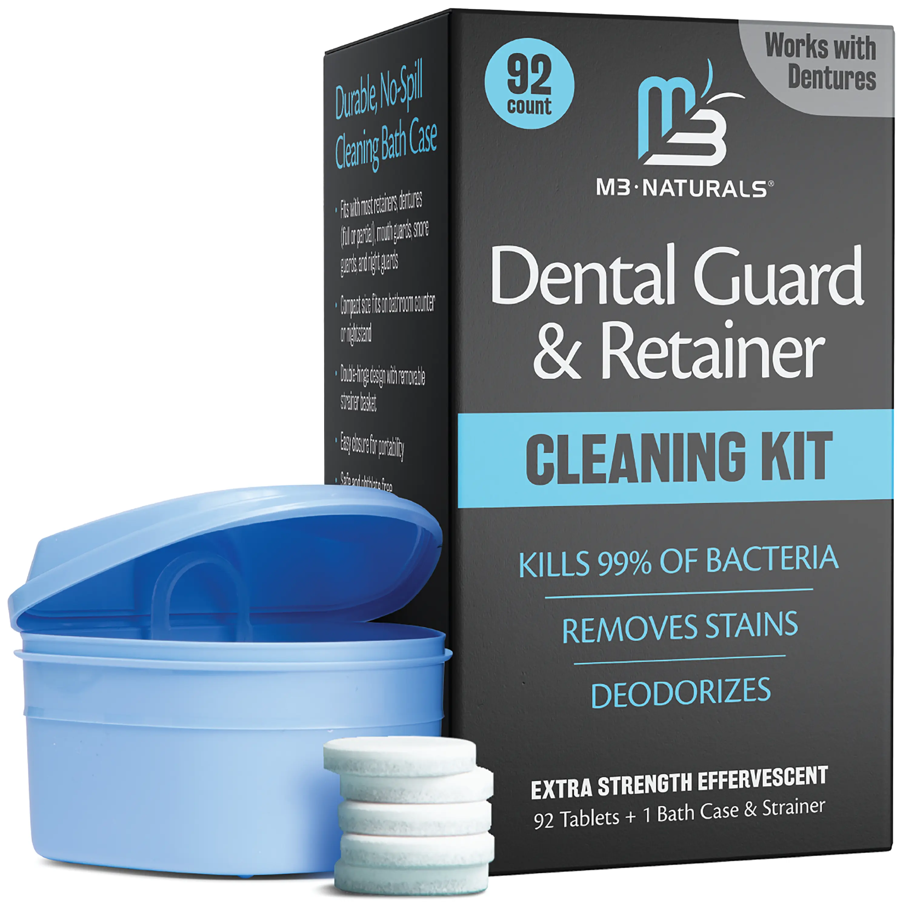 Retainer Cleaner and Soak Container, No-Mess Cleaning Tablets with Universal Denture Bath Case and Strainer, Multipurpose, for Mouth Guard Stains, Odor, and Plaque (92 Tablets + 1 Bath) by M3