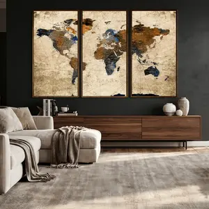 World Map Wall Art Canvas Print, Modern Decorative Framed Map Artwork Prints for Living Room, Office, Bedroom Wall Decor
