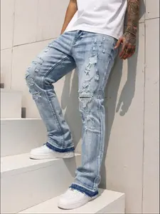 Men's Distressed Denim Jeans, Y2K Stackable Pants, Stacked Flare Jean, Loose-Fitting Button Fly, All Seasons Casual Streetwear, Patchwork Design