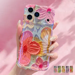 Cute Curly Wave Frame Case Colorful Retro Oil Painting Flower Laser Blue Glossy Soft TPU Cover for iPhone 17 16 15 14 13 12 11 Pro Max