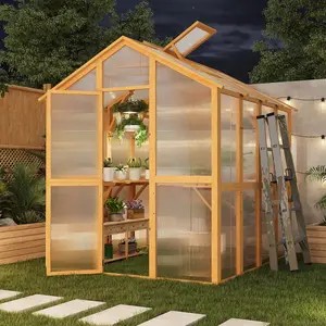 【3 packages arrived at different times】YODOLLA 6x7 FT Wood Greenhouse for Outdoors Walk-in Green House Kit with Adjustable Roof Vent & Built-in Stand Reinforced Wooden Frame Polycarbonate Panel Greenhouse for Outside Backyard Patio