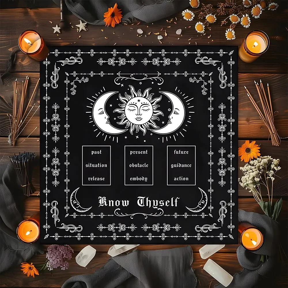 Mystical Sun Moon Tarot Spread Design Square Tarot Tablecloth, Witch-style home decor Altar Cloth Multiple Sizes Polyester Fabric, Easy to Clean and Maintain Decorative Divination Cloth for Spreads, Spells & Rituals Gift for family and friends