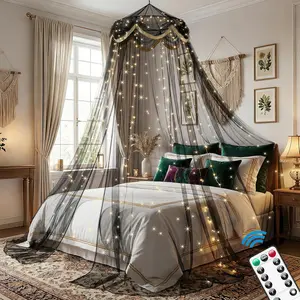 Black Bed with Fairy Lihgts, Netting Bed Curtains for Twin to Queen Size Bed, Indoor Bedroom Reading Nook Halloween Decoration