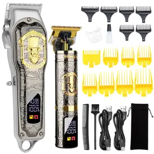 2 pieces/set of professional golden hair clipper and trimmer set-USB charging, LCD display, electric shaver, multiple limit combs, 2 pieces of USB cable, with cleaning brush and comb, for men's beauty Cordless Rechargeable Clippers, Wireless Hair Trimmer