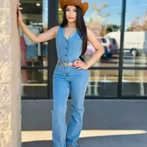 Denim Jumpsuit - Casual Style with Button Detailing and Fit for the Productictured