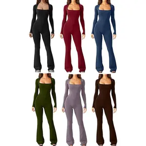 Women's Long Sleeve Belly Tie Waist Hip Lift Square Neck Wide Leg High Elastic Jumpsuit Fit Stretchy Womenswear Style