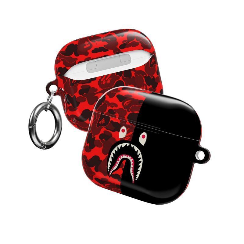 Camo Streetwear AirPods Case Collection | Bold Shark Mouth Icon with Military Camouflage Patterns | Urban Hypebeast Tactical Aesthetic Half-Black Design | Durable Protective Cover | For AirPods 1 2 3 4 & Pro Gen 1 2 3 | Gift