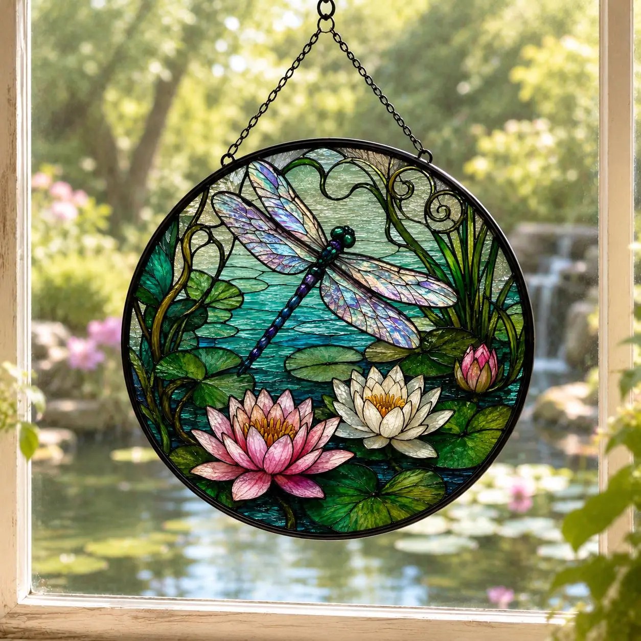 [Made in US] Stained Glass Dragonfly Suncatcher, Water Lily Window Hanging, Lotus Pond Wall Decor, Garden Gift for Mom, Handmade Glass Art Ornament