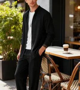 Men's Casual Two-Piece Set for Spring and Autumn Stylish Versatile Trendy High-Quality Cool and Unique Black Suit Long Sleeve Fitted Medium Length Comfortable Sports Suit