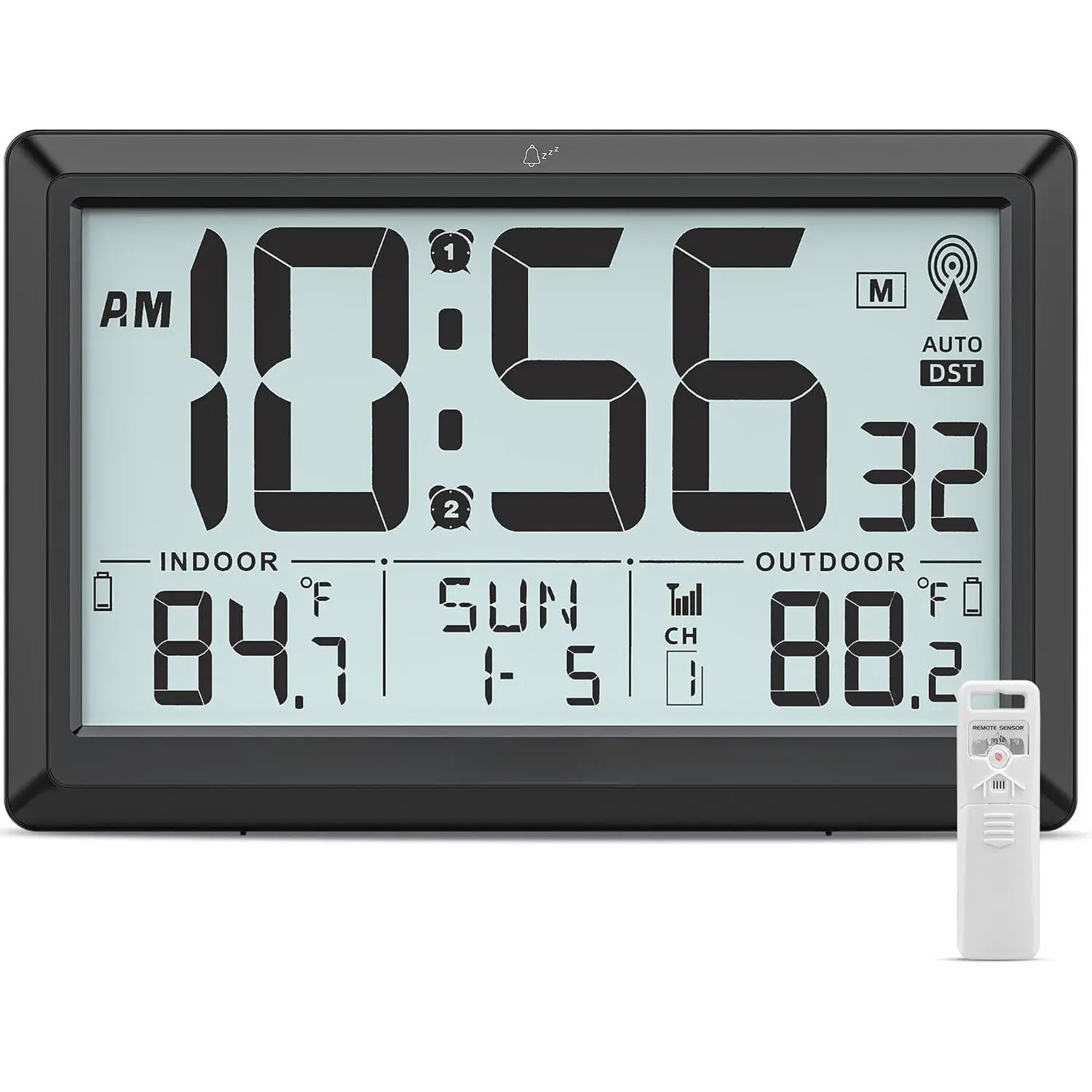 Atomic Clock Wall with Indoor/Outdoor Temp,  Operated Digital Wall Clock with 10.5" Large LCD Display, 330ft Range Desk Table Clock with , DST, Calendar for Living Room Bedrooms, Black