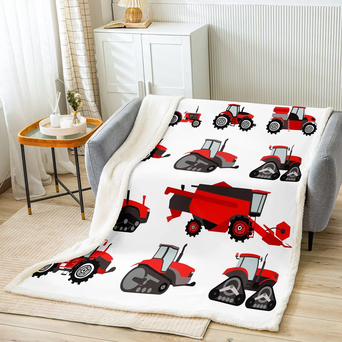 Feelyou Sherpa Blanket - Red Tractor Farm Heavy Equipment Print, Soft Warm Plush Fleece Weave Throw, Multi-Size Country Style Construction-Themed Blanket for Adults, Ideal for Sofa, Bed, Sherpa Blankets, Country Style Blankets