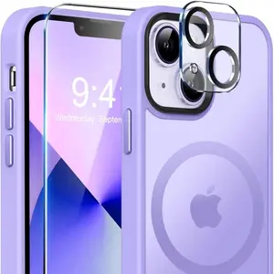 Strong Magnetic for iPhone 13 Case, [Compatible with Magsafe][Screen Protector+Camera Lens Protector] Translucent Matte Back Slim Shockproof Case for iPhone 13 Phone Case 6.1", Light Purple