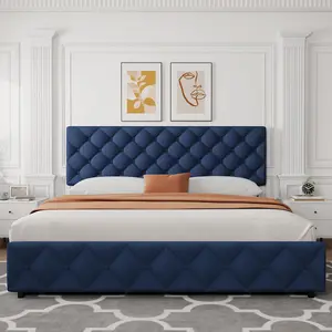 King Size Bed Frame with 4 Storage Drawers, Linen Upholstered Platform Bed Frame with Adjustable Headboard, Diamond Stitched Button Tufted, No Box Spring Needed, Blue