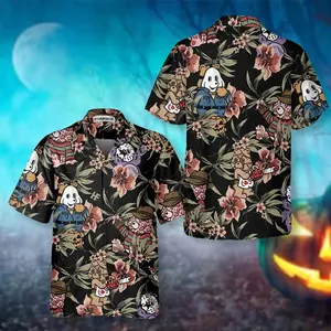 Horror Movie Characters Hawaiian Shirt Men Women Cute Bear Jason Freddy Halloween Tropical Floral Button Down Loose Casual Beach Summer Festival Unisex Streetwear Gift