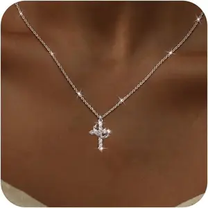 Christmas Gift Crown Cross Necklaces for Women Non Tarnish Dainty Gold/Silver/Rosegold Plated CZ Pendant Necklace for Women Trendy Simple Cross Charm Jewelry for Women