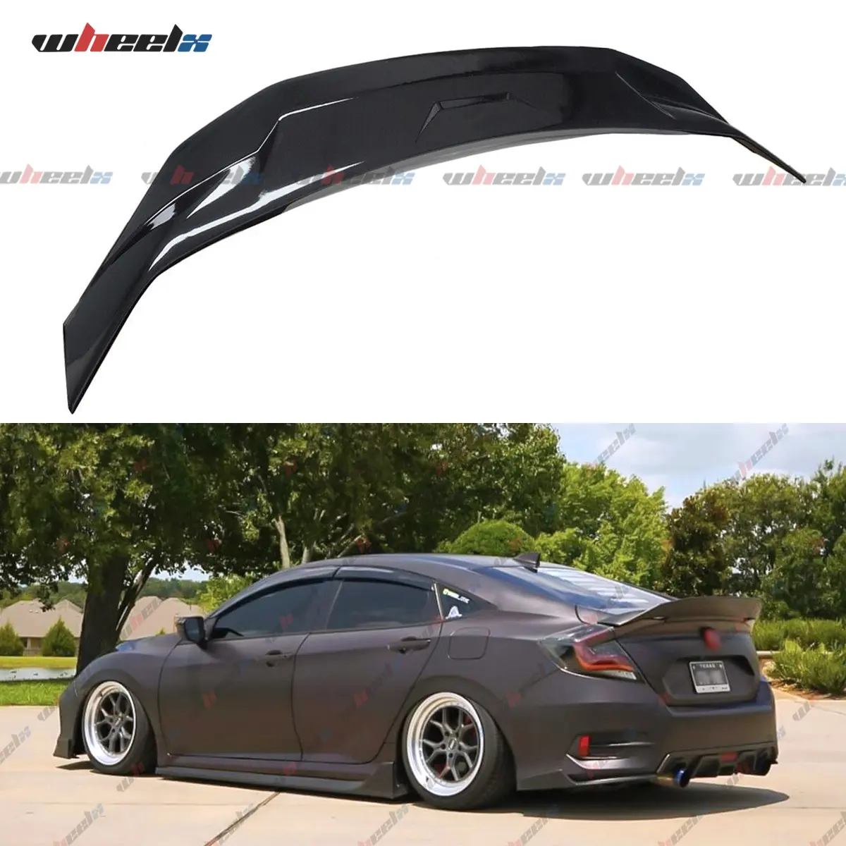 2016-2021 Honda Civic 4-Door Sedan - Glossy Black High-Kick Ducktail Trunk Spoiler, Not Compatible with 2-Door Coupe/Hatchback/Si and Sport Trim Models