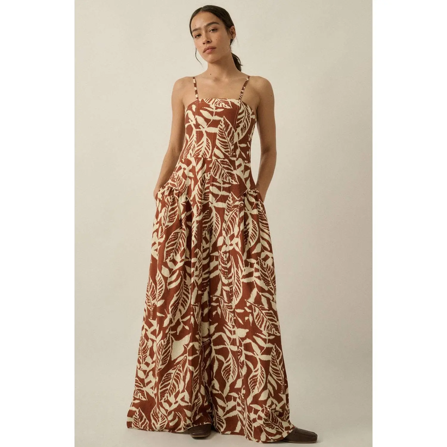 Tropical Print Wide-Leg Pocket Cami Jumpsuit
