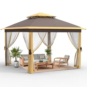 Gaomon 11x11 FT Polyester Portable Waterproof Outdoor Gazebo, Heavy-Duty Metal Frame Pavilion with Double Roofs, Mosquito Netting, 6-8 Ppl Patio Shelter (Khaki)