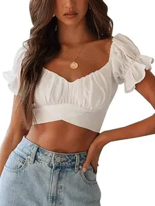 Womens Tie Up Back Crop Ruffle Coquette Soft Blouse Short Sleeve Off Shoulder Blouse Tops Plain Comfort Shirts cute latina tops crop tops women latina