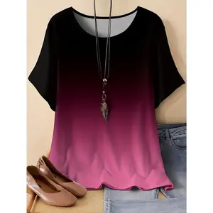 Gradient color T-shirt, spring/summer round short sleeved top, women's plus size clothing