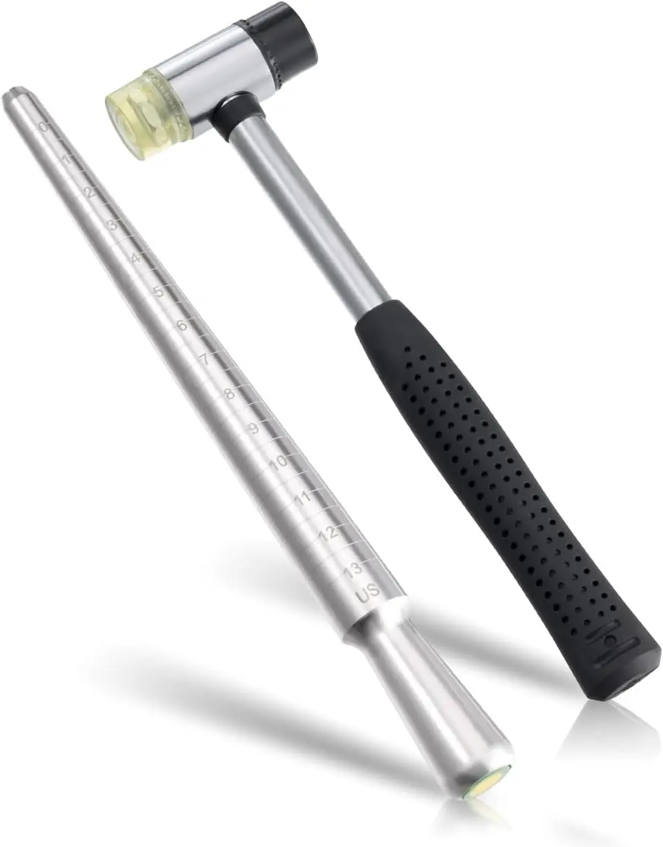 Ring Sizer, Can be Hammered Solid Ring Mandrel and  Rubber Mallet, Ntegrated Conical Solid Ring Mandrel Sizer Tools for Ring Repair and Measurement,  Sizing Measuring