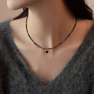 Natural Dainty Black Obsidian Gold Beaded Pendant 2mm Tiny Beads Choker Minimalist Crystal Healing Natural Stone Necklace Gift For Her Jewelry
