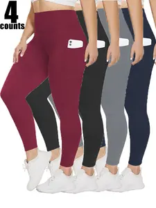 4-piece women's plus size solid yoga pants, high elastic abdomen and buttocks, suitable for sports and leisure yoga