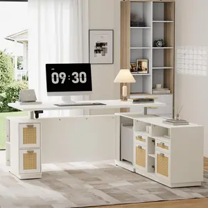 ModerMate 71" L-Shaped Executive Adjustable Height Desk, Nature-Inspired White Rattan Finish Drawers, Engineered Wood Top, Base-Integrated File Cabinet, Built-In Ports, Privacy Panel, Easy Install for Home & Office