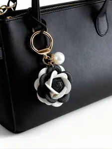 Vintage Faux Leather Camellia Keychain, Elegant Ladies Pearl Rose Pendant, Floral Keychain, Keychain For Bags, Purse Charm, Car Accessories Gift