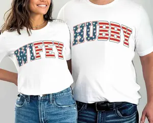 4th of July Matching Couple T-Shirt, Hubby & Wifey Independence Day Tee, Celebrating 250 Years of Freedom, Patriotic Flag Shirt, America 1776 - 2026 Flag Shirt, God Bless USA Shirt