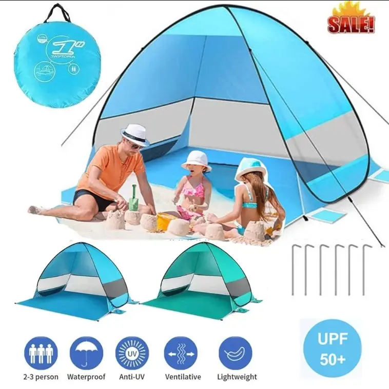 Portable Pop-Up Beach Tent - Anti-UV Sun Shade Shelter for Outdoor Camping, Blue Canopy