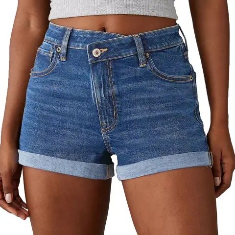 Sidefeel Women's High Waisted Crossover Denim Shorts, Asymmetrical Waist, Rolled Cuff Hem, Relaxed Fit, Soft Comfy Jean Shorts, 5‑Pocket Design, Fall Casual Wear