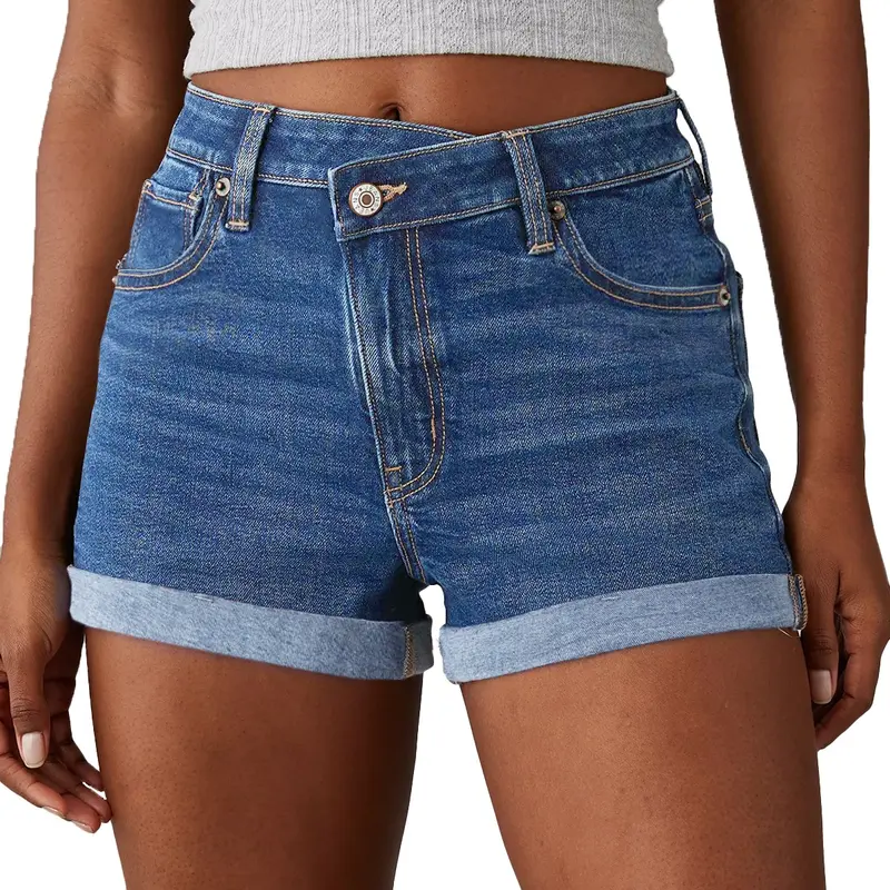 Sidefeel Women's High Waisted Crossover Denim Shorts, Asymmetrical Waist, Rolled Cuff Hem, Relaxed Fit, Soft Comfy Jean Shorts, 5‑Pocket Design, Fall Casual Wear