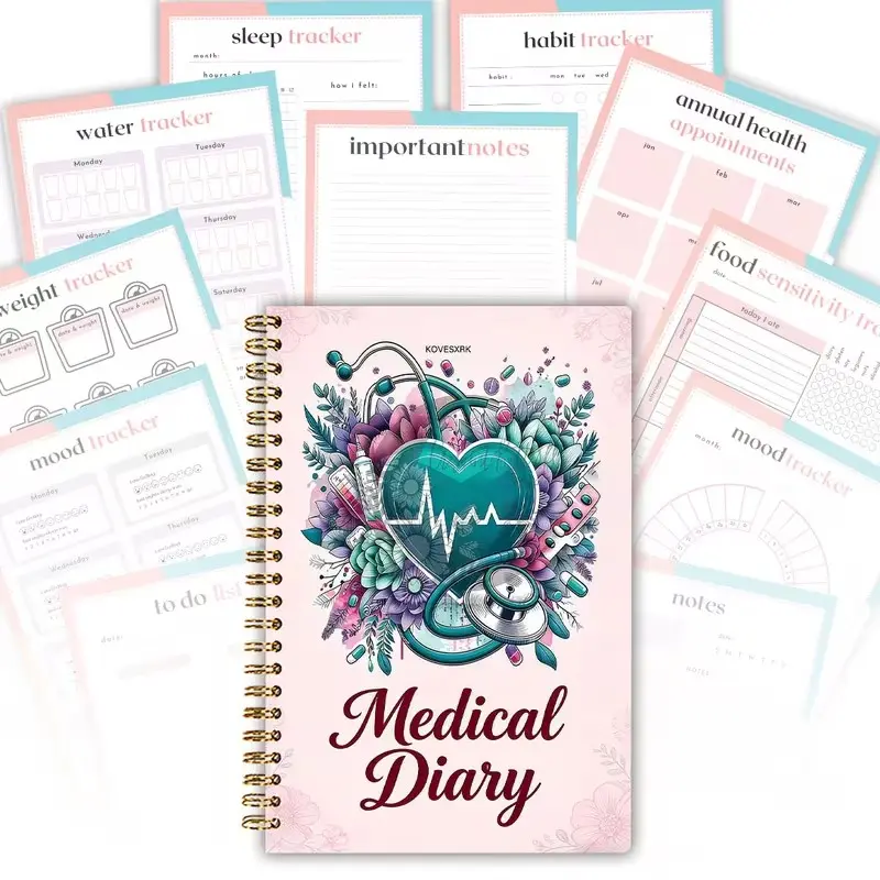 Medical Diary Coil Notebook for Healthcare Professionals, Personal Health Record Book, Chronic Disease Management, Blood Sugar Diet Mood Tracker
