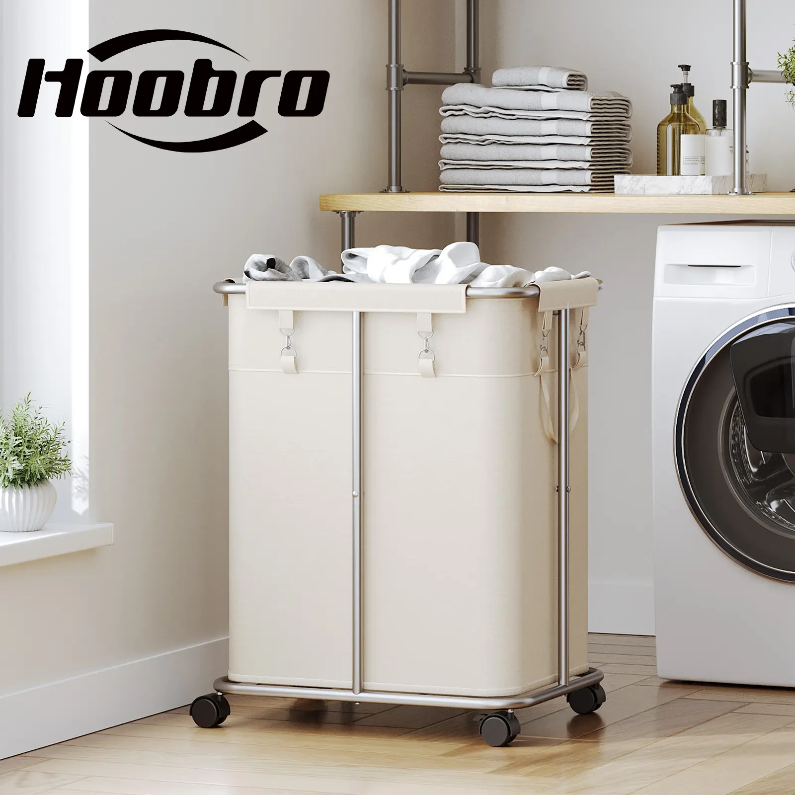 HOOBRO Laundry Basket with Wheels, 45 Gallons (170L) Rolling Laundry Hamper, Narrow Laundry Sorter with Removable Oxford Fabric Bag, Beige and Silver #SummerVibes