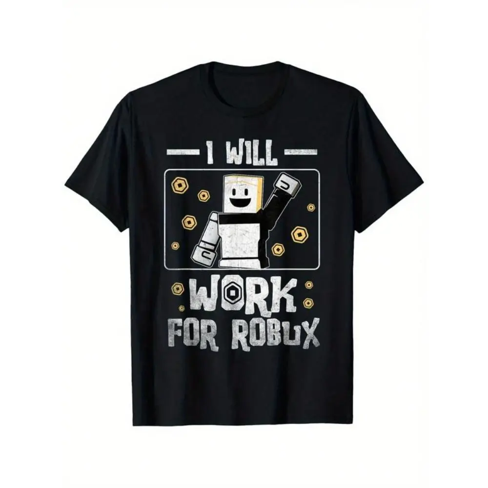 Men's Cotton Graphic Apparel - 'Work For Robux' Pixel Art Shortsleeve T-Shirt, Breathable Moisture-Wicking Casual Tee for Gamers, Pixelated, Graphic Print, Streetwear, All Seasons, Lightweight, 3Xl
