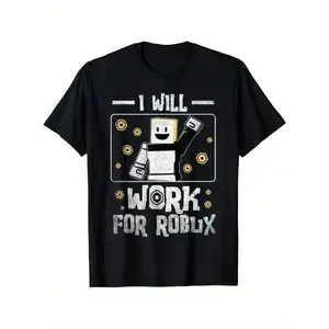 Cotton T-Shirt 'I Will Work For Robux' Pixeled Character Graphic Breathable Moisture-Wicking Casual Crew Neck Tee Multi-Season Comfort Fit Ideal Gift For Boys Girls Gaming Enthusiast