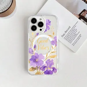 Purple Flower Gold Leaf Pattern Magnetic case compatible with iphone 16 pro max 15 pro,iPhone16 15 14 PLUS 13 12 11,with Samsung S22 fe s24 Ultra Plus samsung s23 ultra soft case shockproof phone accessory,fashion phone case cutephonecase junk