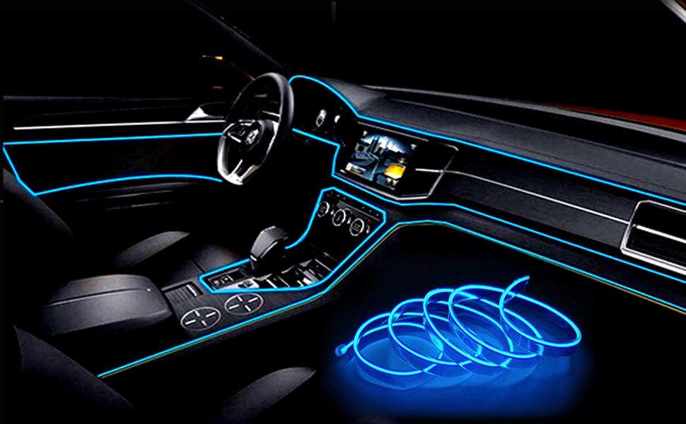 El Wire Blue Interior Car LED Strip Lights, M Neon Wire USB V with Fuse Protection for Automotive Interior Decoration, with mm Sewing Edge