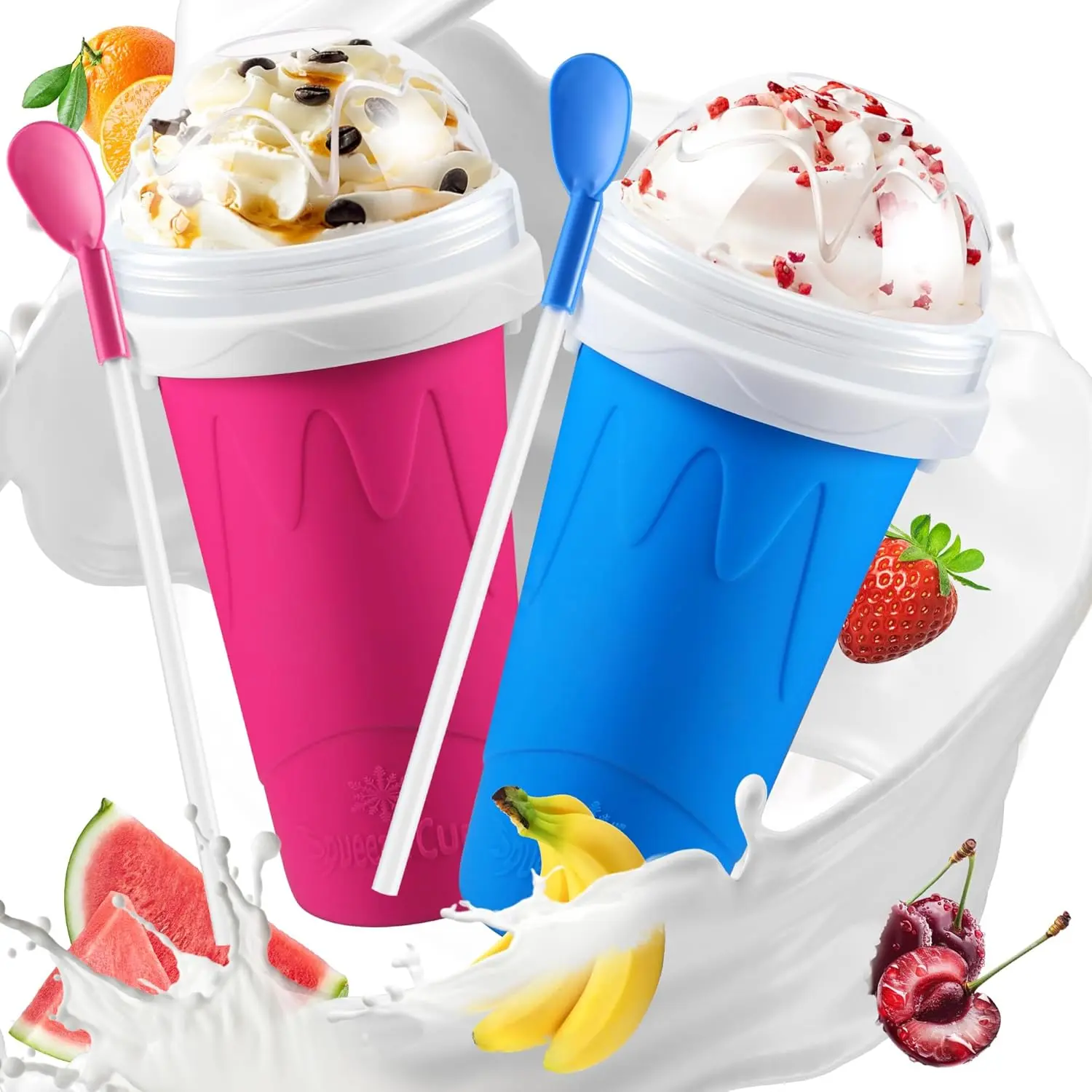 2 Pack Slushy Cup, Slushie Maker Cups, Magic Frozen Squeeze Cups for Ice Cream Juice Milk Yogurt, DIY Smoothie Cooling Cup with Lid and Straw for  Friends Family (Blue and Pink)