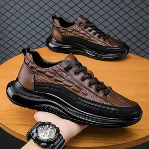 Men's Autumn Sneakers - Low-top Casual and Formal Shoes, Crocodile Pattern Fabric, Brown/Black Color Lace-up Design, Thickened Comfortable Non-slip Rubber Sole, Fashionable for Work and Leisure Closed Boy