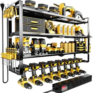 Large Power Tool Organizer Wall Mount with  Station,4 Layer Heavy Duty Metal Tool Storage Rack with 5-Outlet Power Strip,Loads 400lbs with 8 Cordless Drill Holder, Utility Tool Shelf