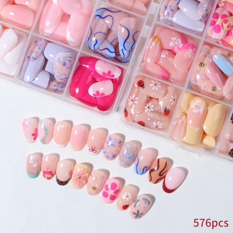 576pcs Short Oval Floral Print Fake Nails Set, Heart Bow Stripe Design, Glossy Finish, Reusable Press-On Nails for Women Girls