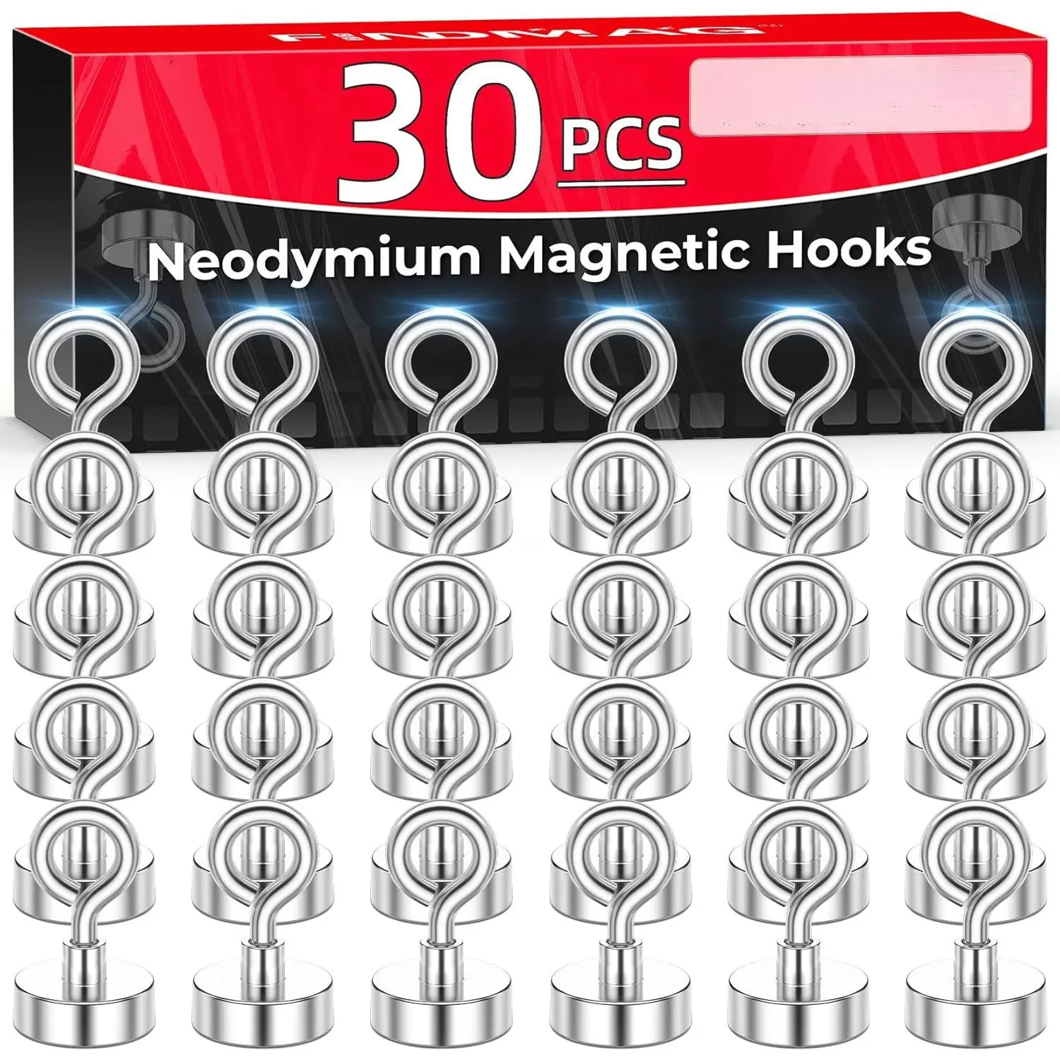 Magnetic Hooks, N52 Grade Magnets Heavy Duty with Hook, Sheep Eye Magnetic Hooks for Cruise, Locker Accessories, Office, School (28 lbs, Pack of 30)