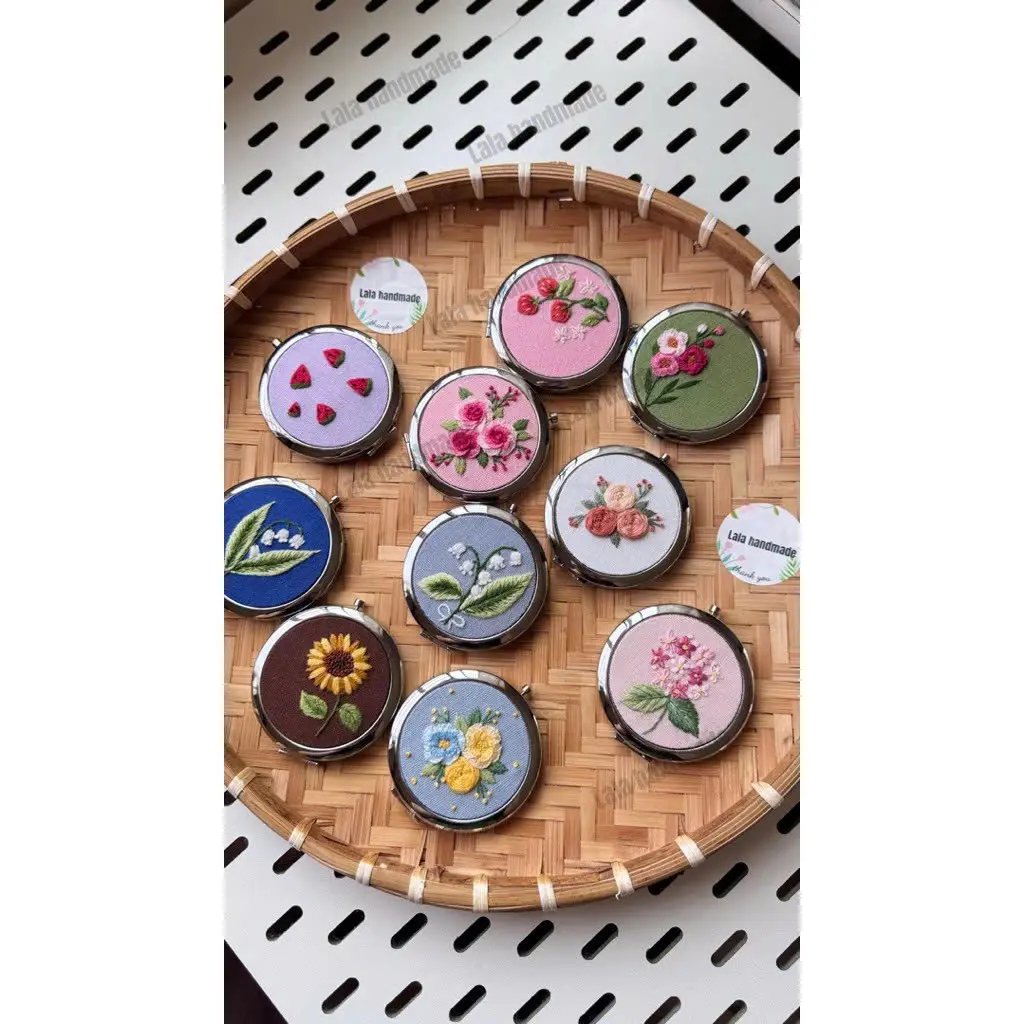 Handmade Floral Embroidered Handheld Mirror, Vintage Compact Vanity Mirror